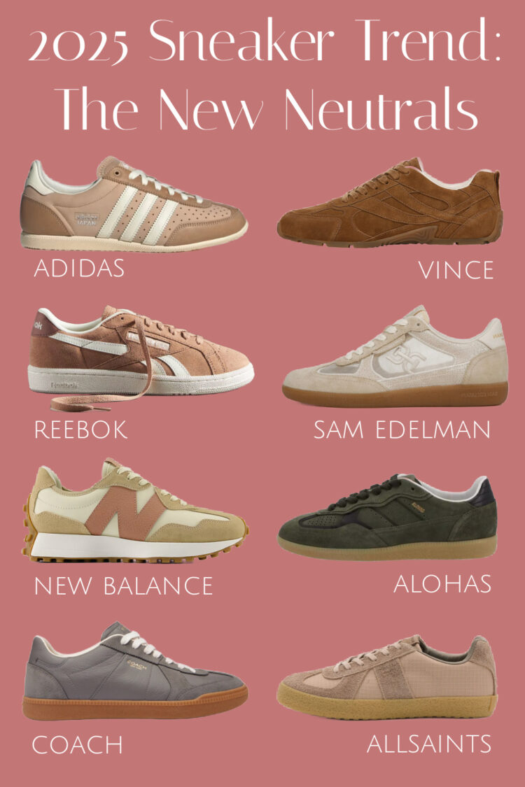 collage of eight different neutral colored sneakers for 2025