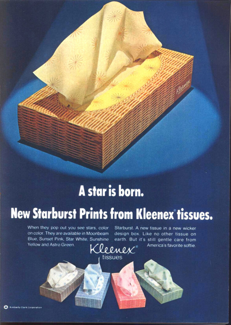 Kleenex ad pastel colors Kleenex ad from the late 1970s showcasing facial tissue in pastel colors and prints