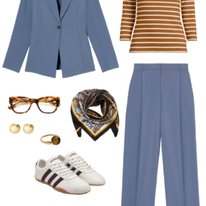 Look 2 from the work-friendly capsule wardrobe for women over 40 featuring an M.M.LaFleur OrigamiTech suit