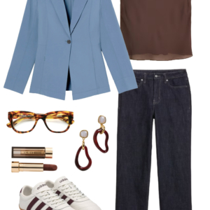 Look 25 from a travel-friendly and work-friendly fall capsule wardrobe for women over 40 in shades of chocolate brown, dusky blue, and bone