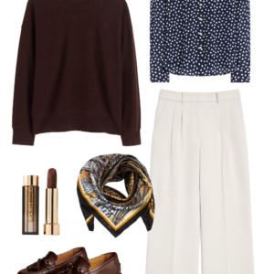 Look 30 from a travel-friendly and work-friendly fall capsule wardrobe for women over 40 in shades of chocolate brown, dusky blue, and bone