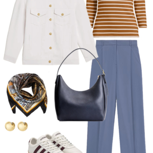 Look 8 from the work-friendly capsule wardrobe for women over 40 featuring an M.M.LaFleur OrigamiTech suit