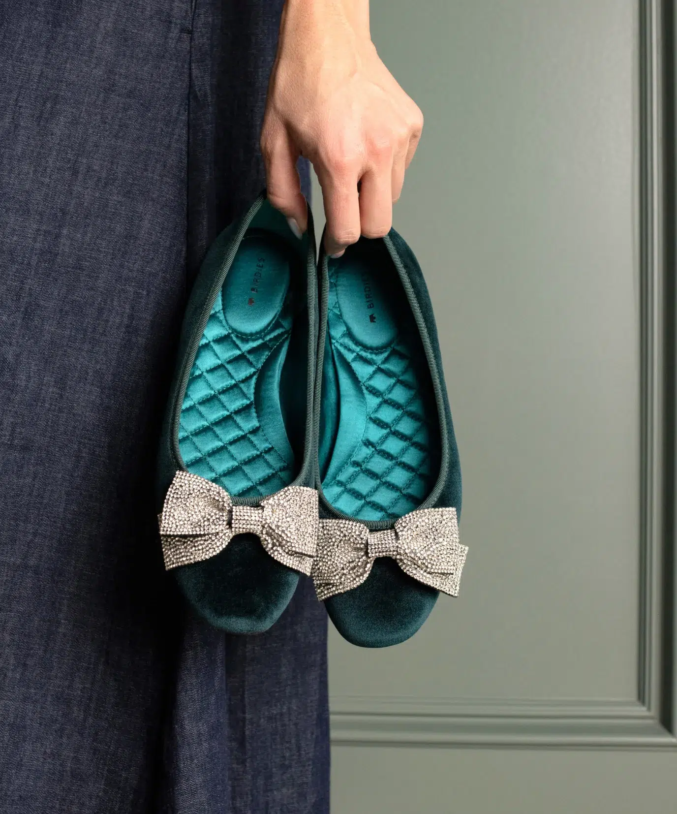 Teal flats with jeweled bow detail from Birdies