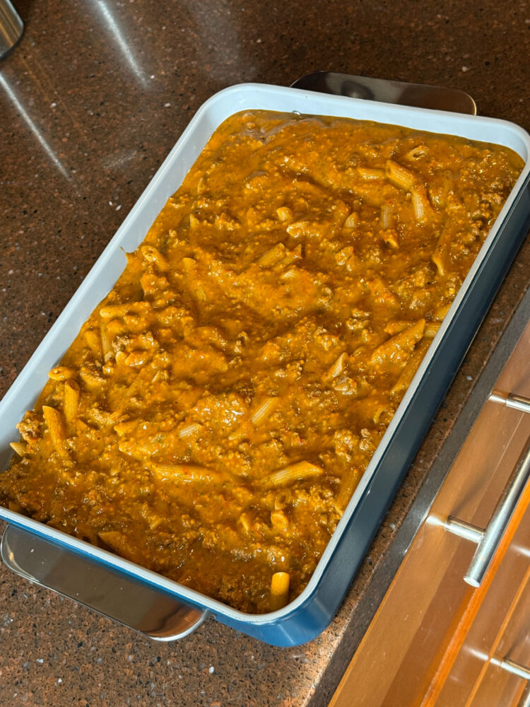 pasta bake casserole in blue caraway home baking dish