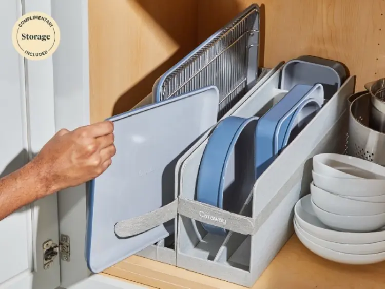 the caraway home bakeware set in slate in storage
